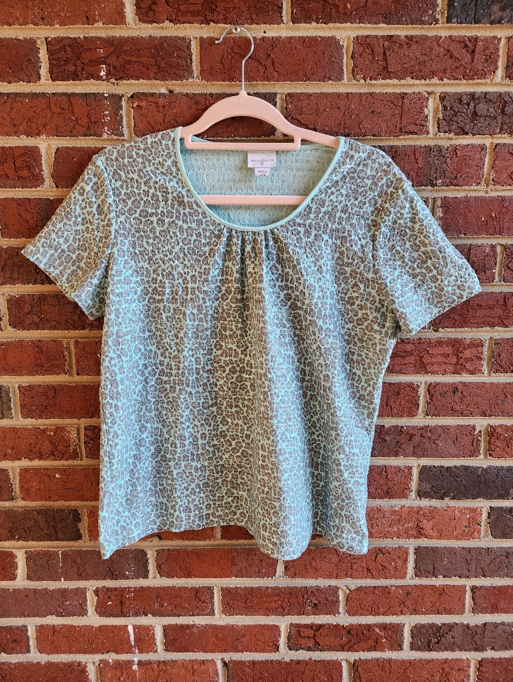 Mint Green Pullover Short Cap Sleeve Top Blouse Silver Thread Detail Large Vtg